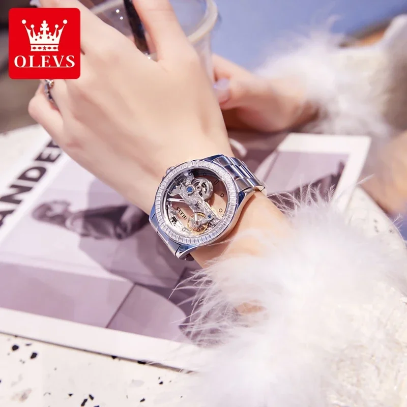 3Pcs/Set OLEVS 6699 Transparent Women Mechanical Watches Luxury Automatic Movement Stainless Steel Waterproof Hollow Watch Woman 4