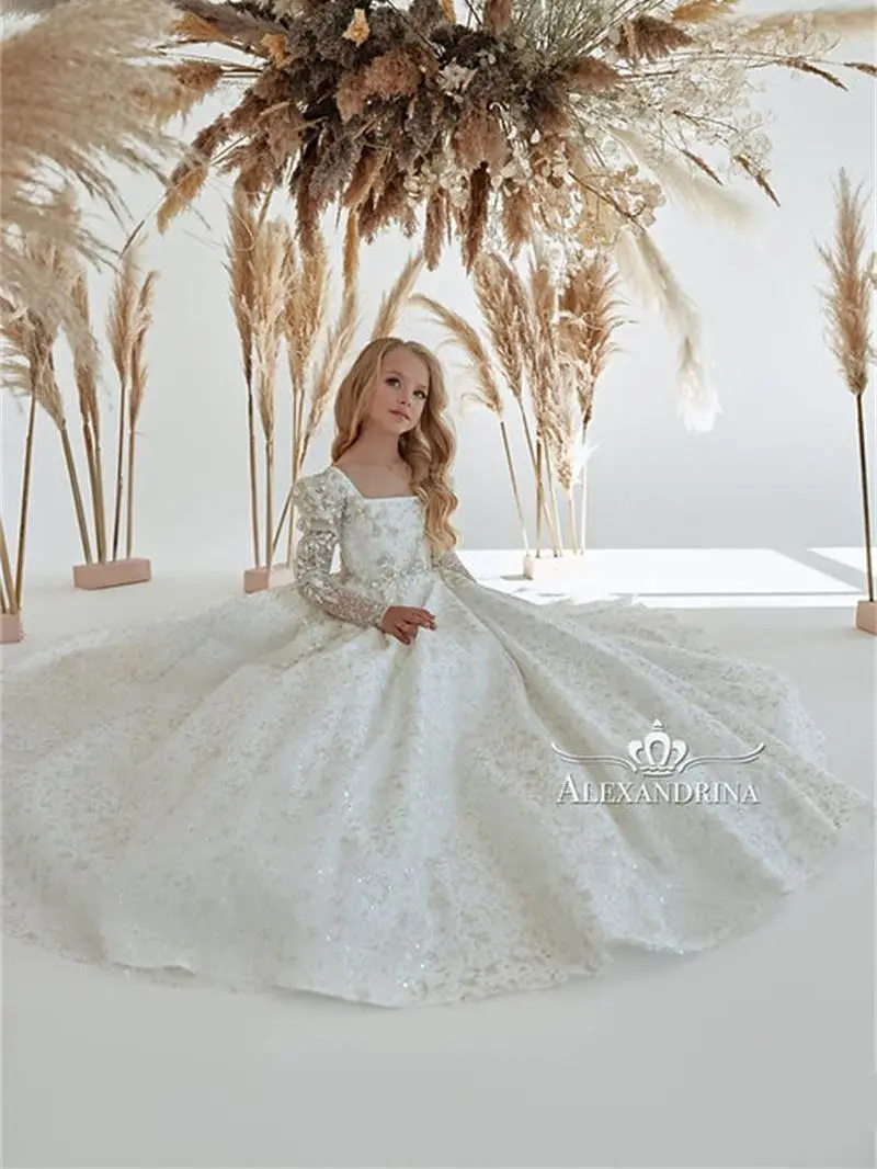 Elegant Ivory Square Collar Flower Girl Dresses A Line Appliques Beading Boho Kids Birthday Party Dress