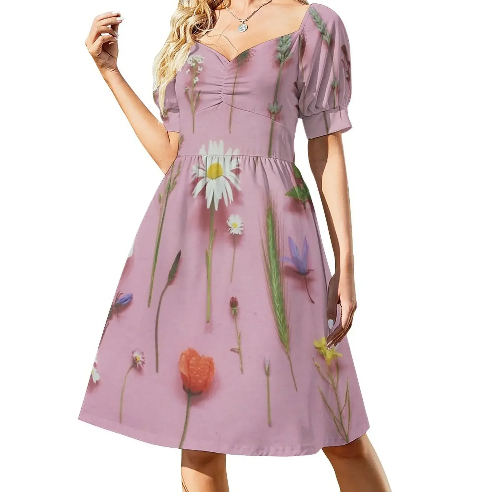 thumbnail image 1 of Vestido de manga corta con flores silvestres, elegantes vestidos de fiesta para mujer, ropa de mujer, 1 of 7