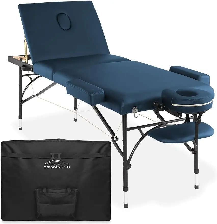 

Saloniture Professional Portable Lightweight Tri-Fold Massage Table with Aluminum Legs - Includes Headrest, Face Cradle, Armrest