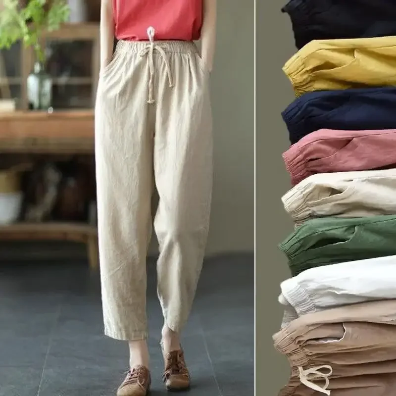 2023 Summer Casual Cotton Linen Pants Women Retro Pockets Loose Harem Pants Woman Solid Elastic Waist Trousers Female bpn solid fashion harem jeans for women high waist vintage patchwork pockets loose denim pants female autumn style clothing new