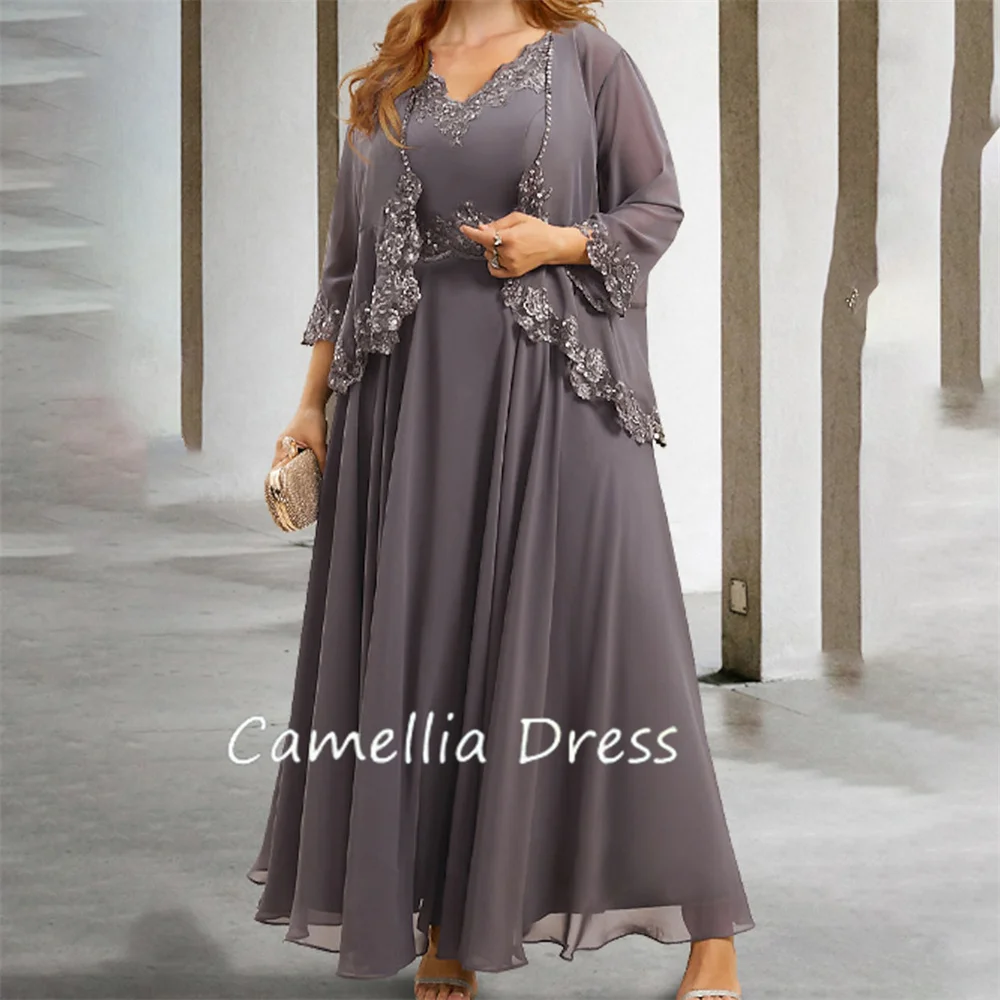 

New V Neck Mother Of The Bride Dress A-Line Ankle-Length Appliques Chiffon Formal Dresses Vestidos Mae Da Noiva Casamentos