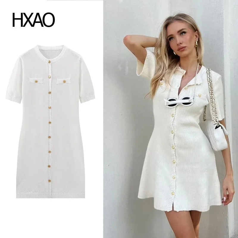 

HXAO Women's Short-sleeved Knitted Dress Stylish White Knit Dresses With Buttons Summer 2024 New Casual MIDI Dress For Female