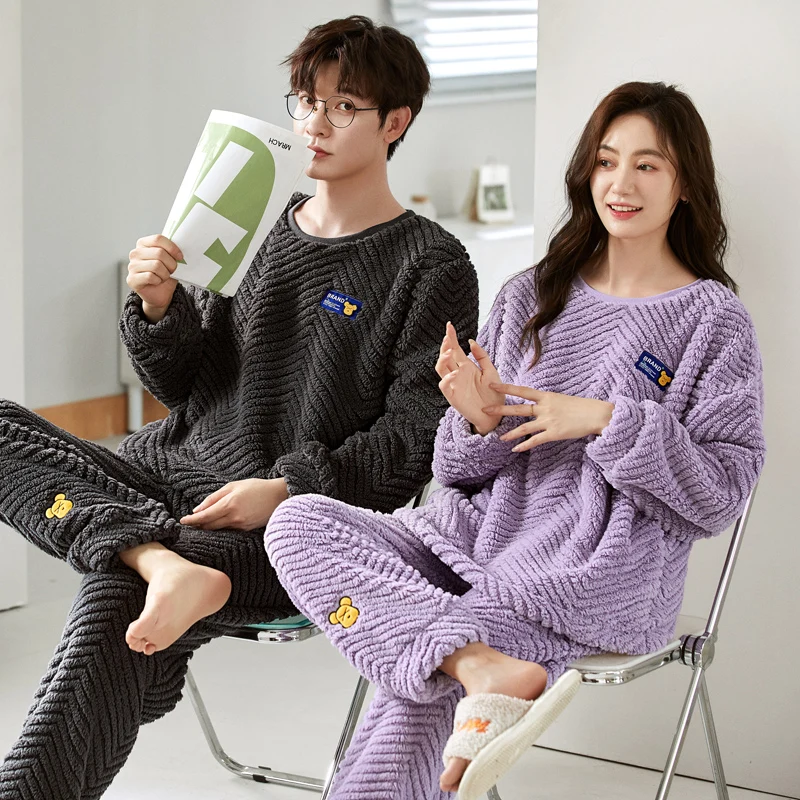 2024 Couple Matching Sleepwear Coral Fleece Winter Warm Pajamas Set Women and Men Thicken Bear Cartoon Cute Nightwear Freeship marry pajamas for women men red sleepwear couple lovers matching pijama with pants japanese cartoon bear home clothing mujer