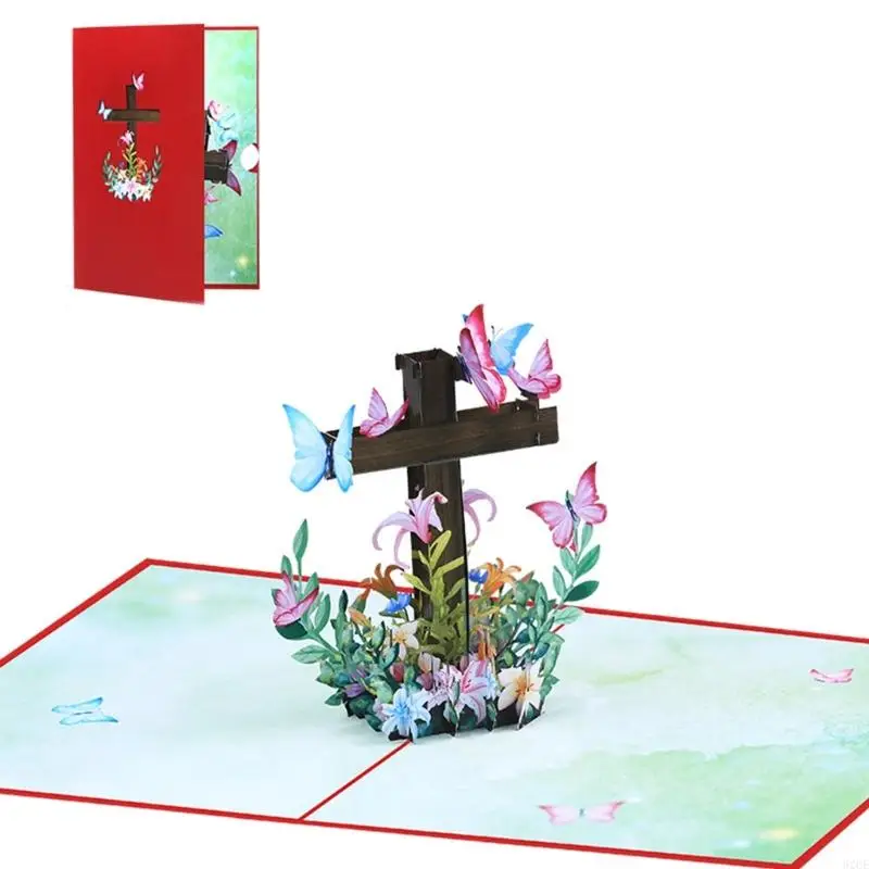 62CE 3D Popup Easters Card,Flower Religious Crosses Easters Card Popup Greeting Cards