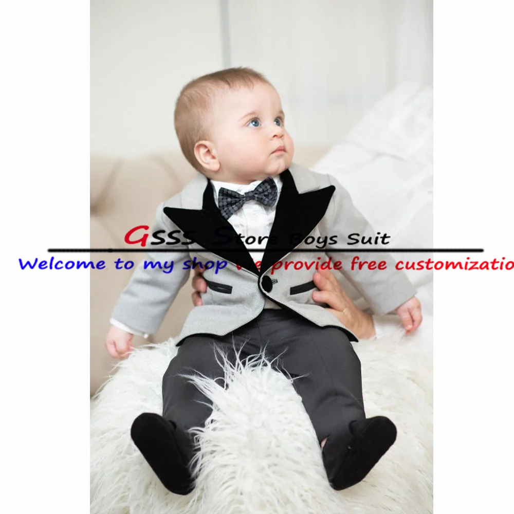 Light Grey Little Boy Suit 2 Piece Wedding Tuxedo Point Lapel Blazer Pants Kids Jacket Set 316