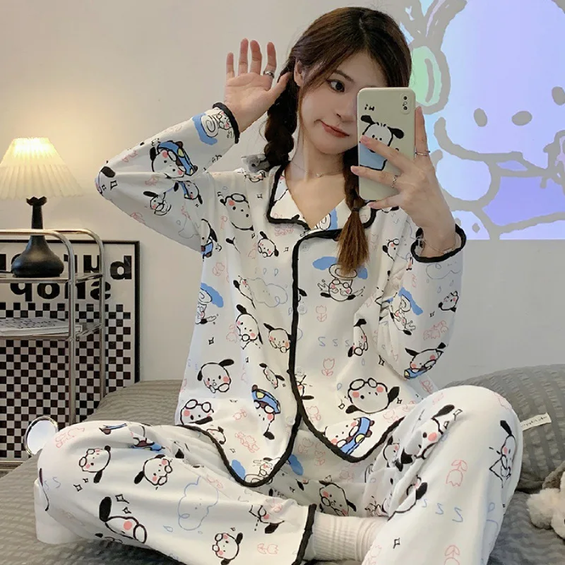 

New Kawaii Cute Sanrio Pochacco Long Sleeved Cardigan Pajamas Thin style Homewear Ins Cute Girl Birthday Gift For Children