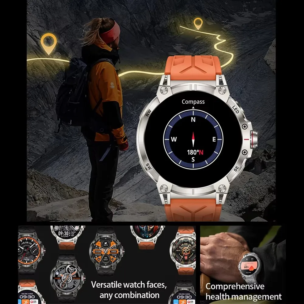 Military Smart Watch Men 760mAh Large Battery LED Flashlight Compass 1.8
