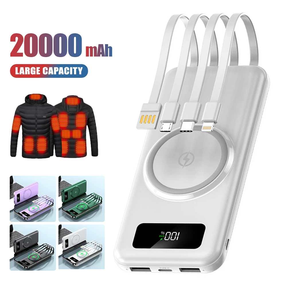 

New 20000mAh Portable Power Bank Wireless Fast Charging External Battery With Four-wire Power Bank For Heated Vest Jacket Phone