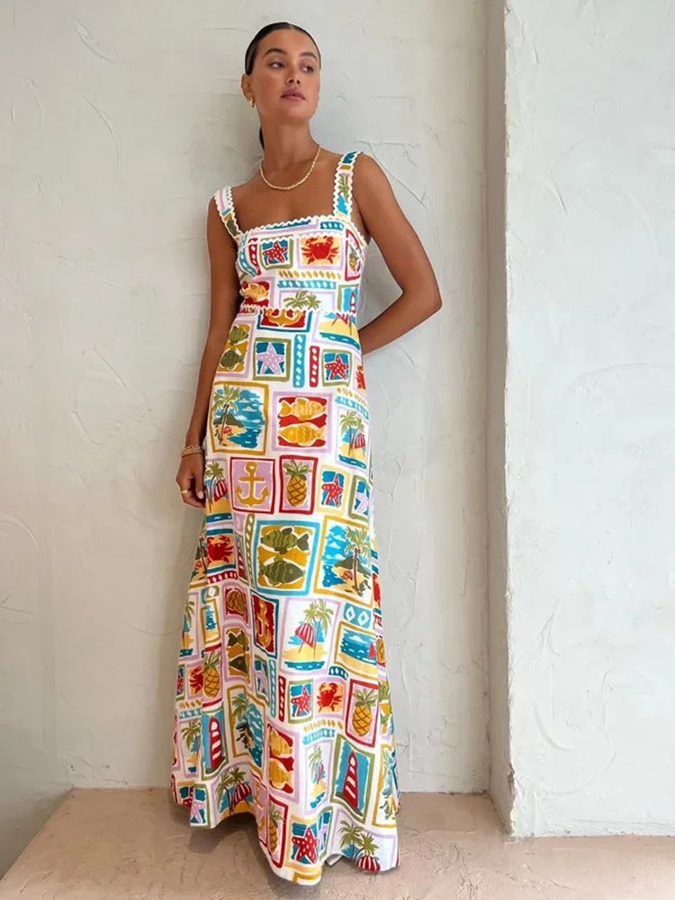 

Vintage Fruit Plant Print Holiday Dress Women High Waist Slim Sleeveless Summer Beach A-Line Suspended Square Collar Long Robe