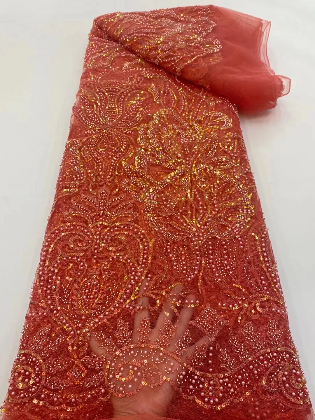 African New Arrival Luxury Sequins 5 Yards Mesh Fabric 2022 French High Quality Handmade Beaded Tulle Lace Women Dinner Dress 