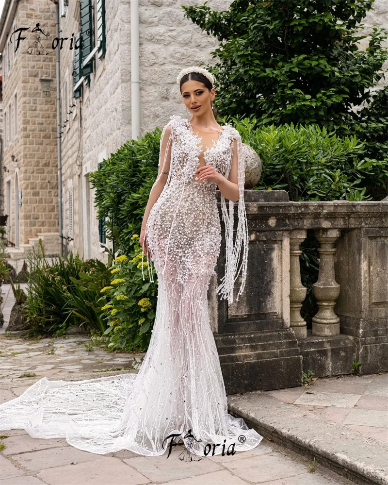 

Gorgeous Dubai Mermaid Evening Dresses Pearls Tassel Appliques Wedding Party Gowns Arabia Formal Occasion Dress robe de soirée