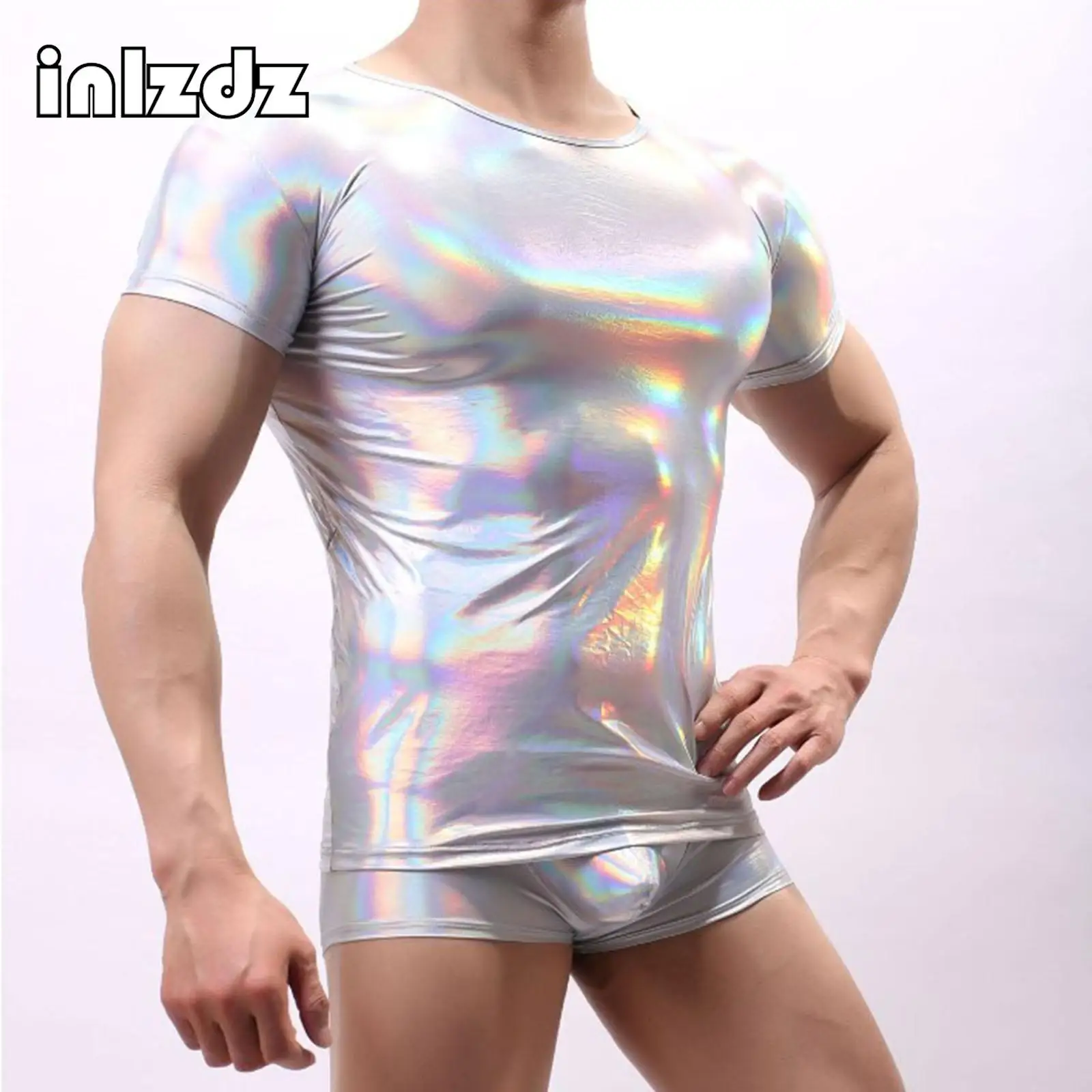 

Mens Clubwear Metallic Shinny Short Sleeve T-shirt Music Festival Rave Party Disco Club Round Neck Tops Streetwear