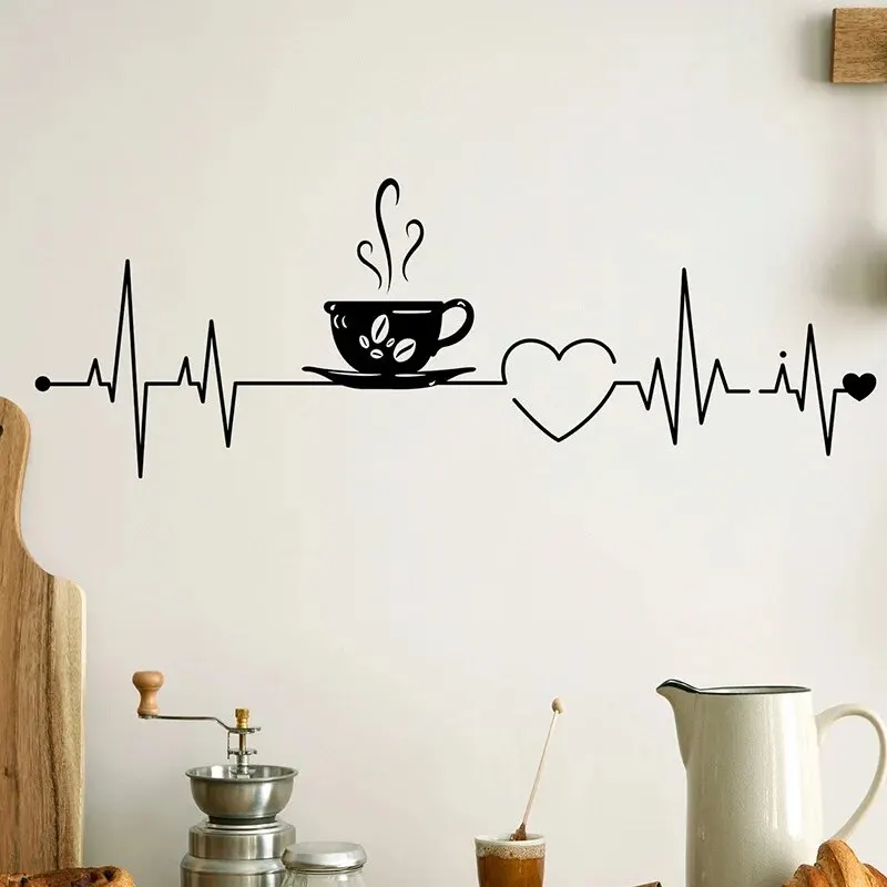 1pc Coffee Love Electrocardiogram Removable Waterproof Vinyl Wall Sticker Kitchen Living Room Coffee Shop Wall