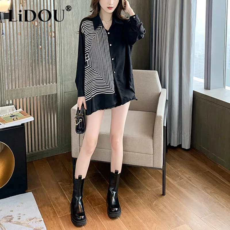 

Oversize Spring Female Clothing 2023 New Turn-down Collar Striped Patchwork Single Breasted Long Sleeve Blouse Women Loose Shirt