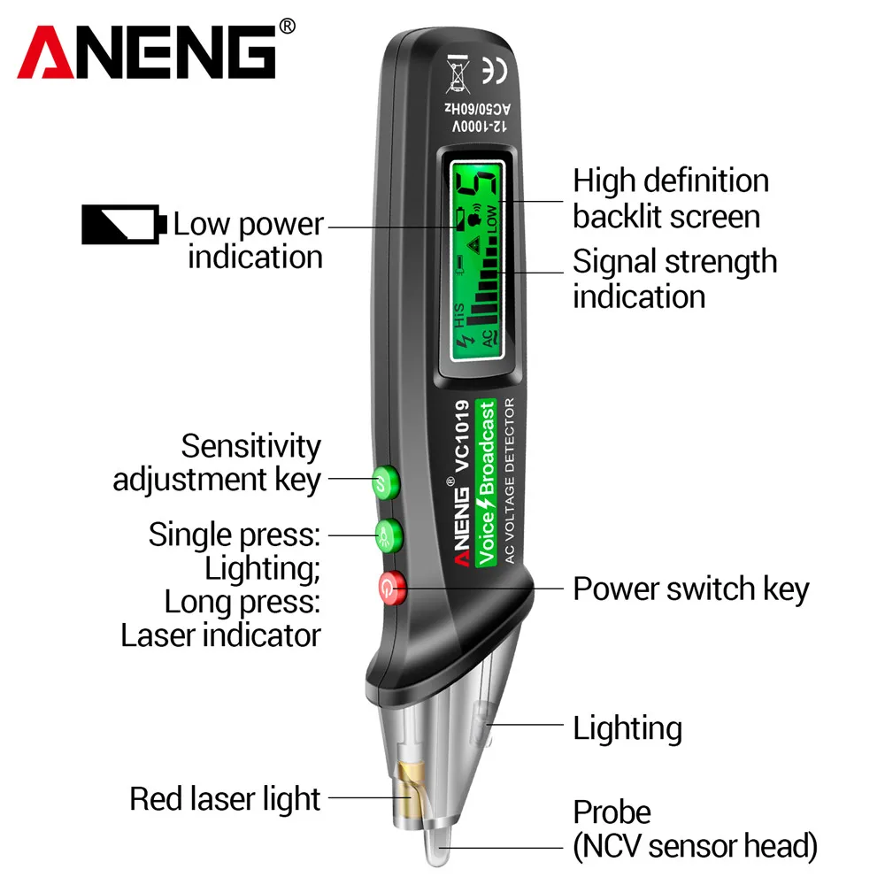 Electric Pen Tester ANENG VC1019 Intelligent Voice Broadcast 12V-1000V Infrared Sensor Positioning Voltage Detector