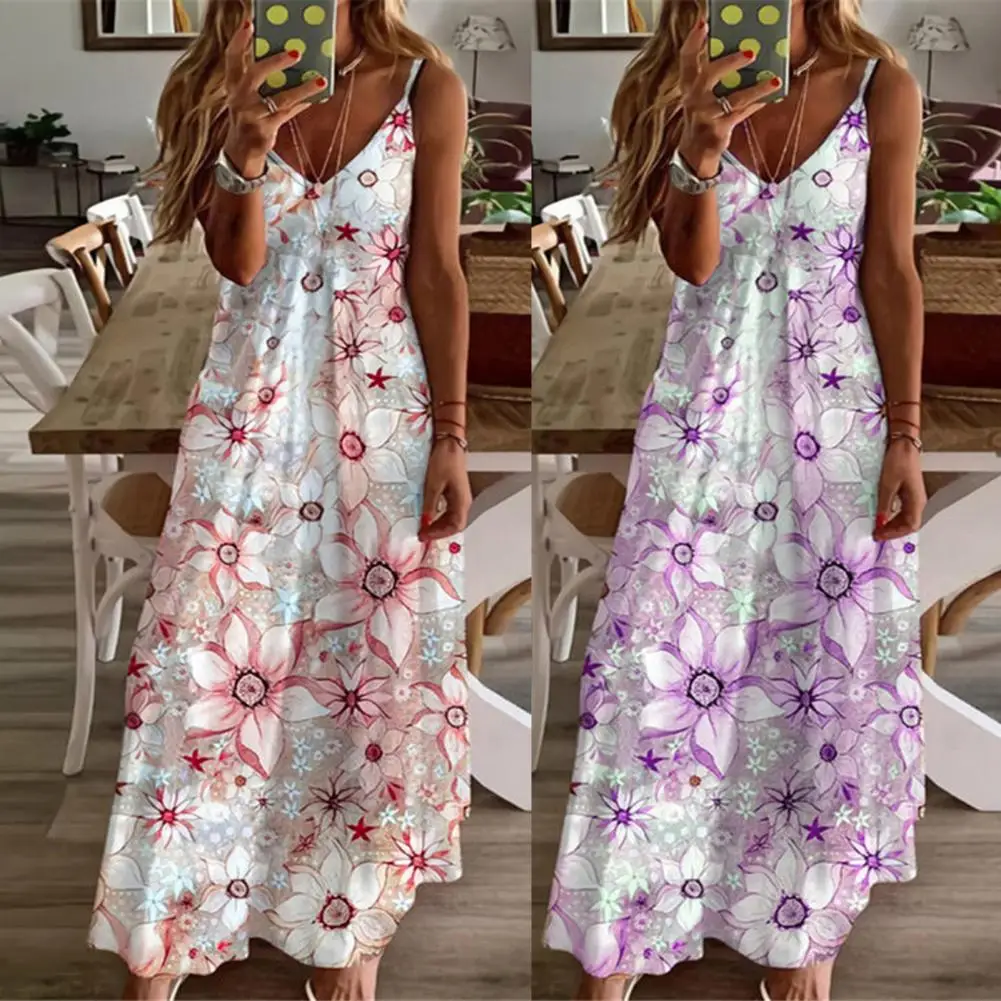 

Soft Durable Floral Design Sling Dress Summer Strap Dress V Neck for Daily Wear