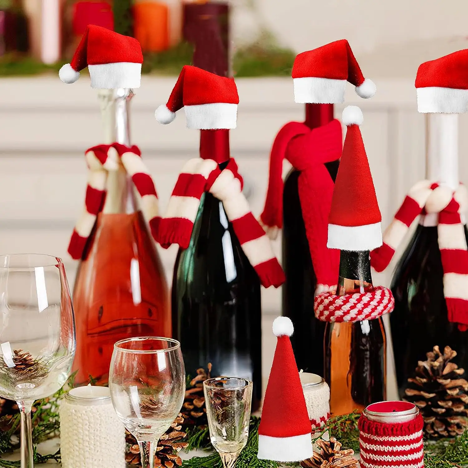 100pc Mini Christmas Hat Tableware Knife Fork Storage Holder Bags Merry Christmas Party Dinner Wine Bottle Xmas Hats Decorations