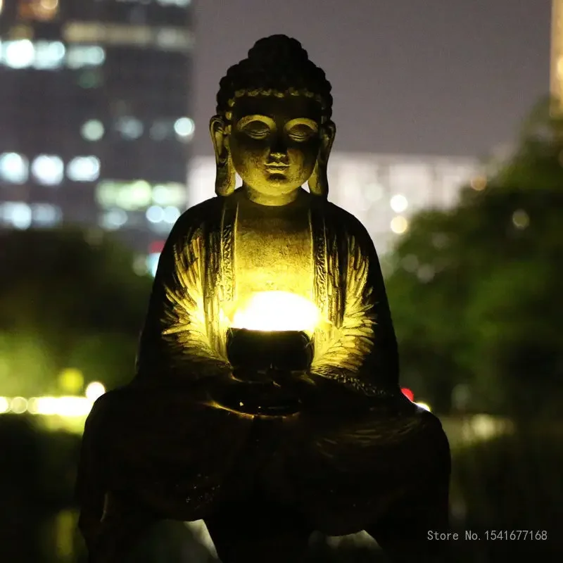 Creative Chinese Style Buddha Statue Outdoor Solar Lamp Decoration, Courtyard, Garden, Office, Home, Porch, Sculpture Decor, 1Pc