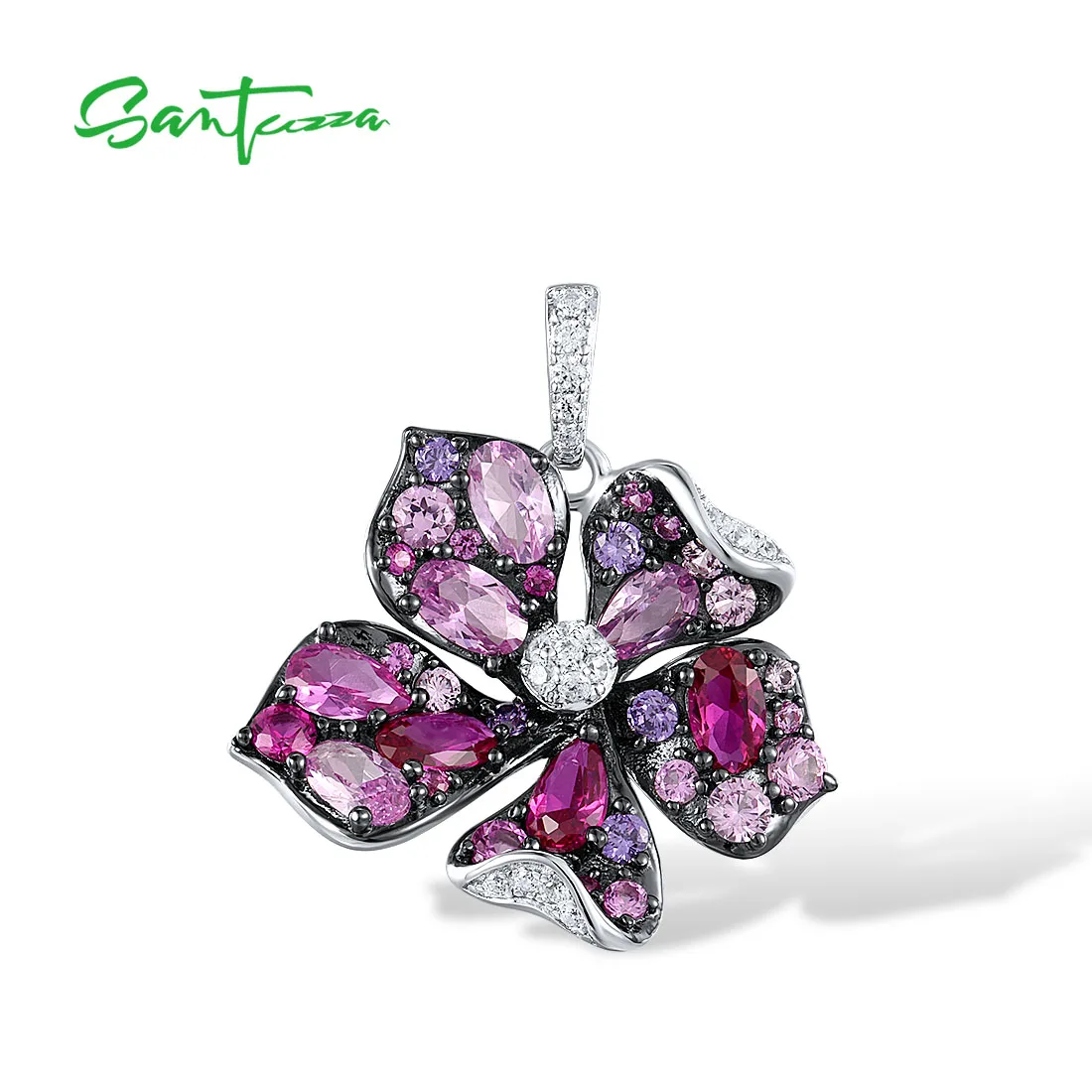 925 Sterling Silver Pendant For Women Pink Red Stones Blooming Lily Flower Jewelry