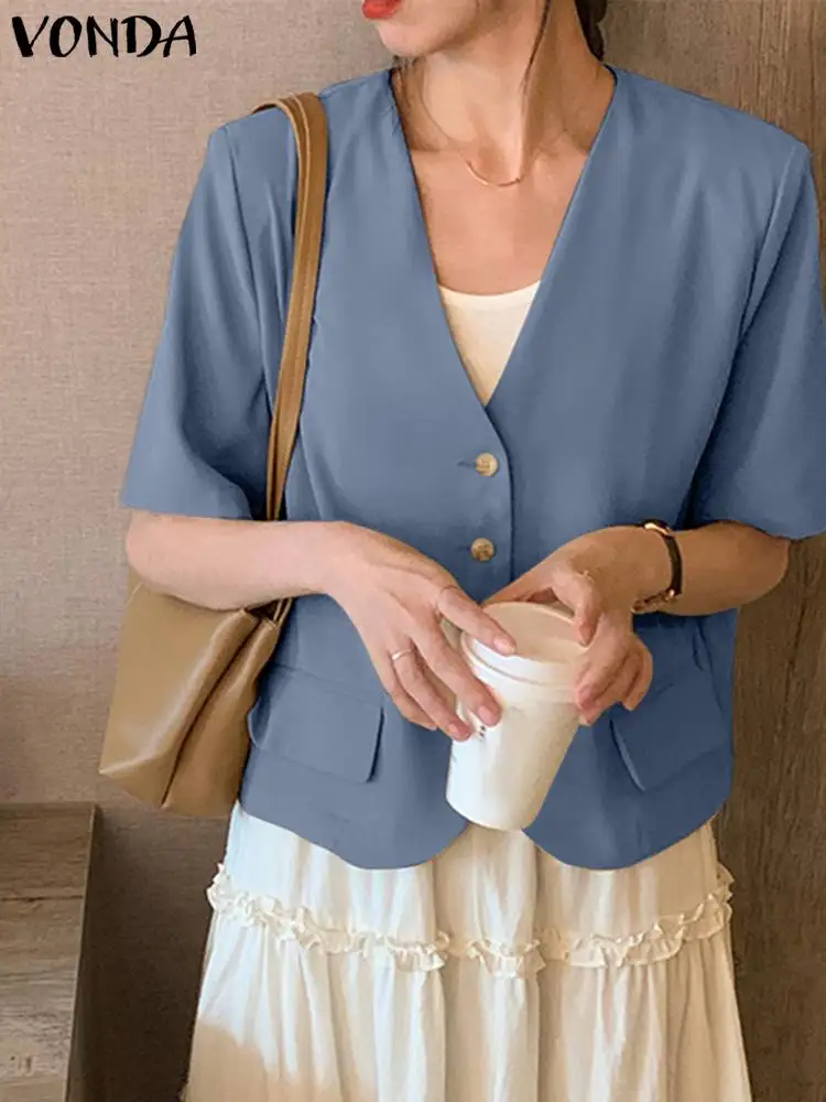 

2023 VONDA Women Blazer Summer Fashion Suits Short Sleeve Elegant Casual Loose Solid Color Blazer Streetwear Coats Femininas