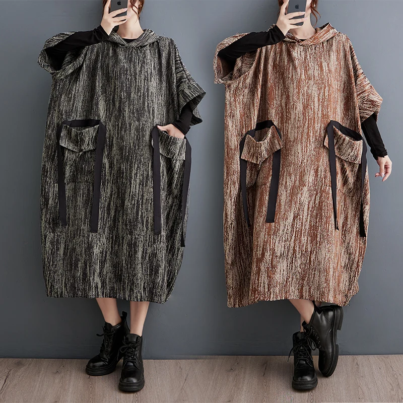 

#4040 Autumn Vintage Hooded Sweatshirt Dress Women Batwing Sleeve Loose Retro Streetwear Asymmetrical Midi Dress Big Pockets