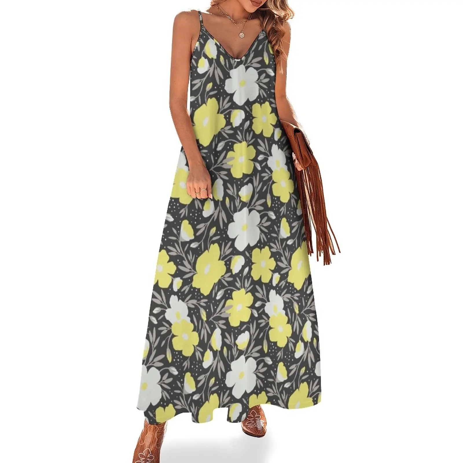 

New Floral pattern in grey and yellow colors 2 Sleeveless Dress Long dress woman Women's evening dress