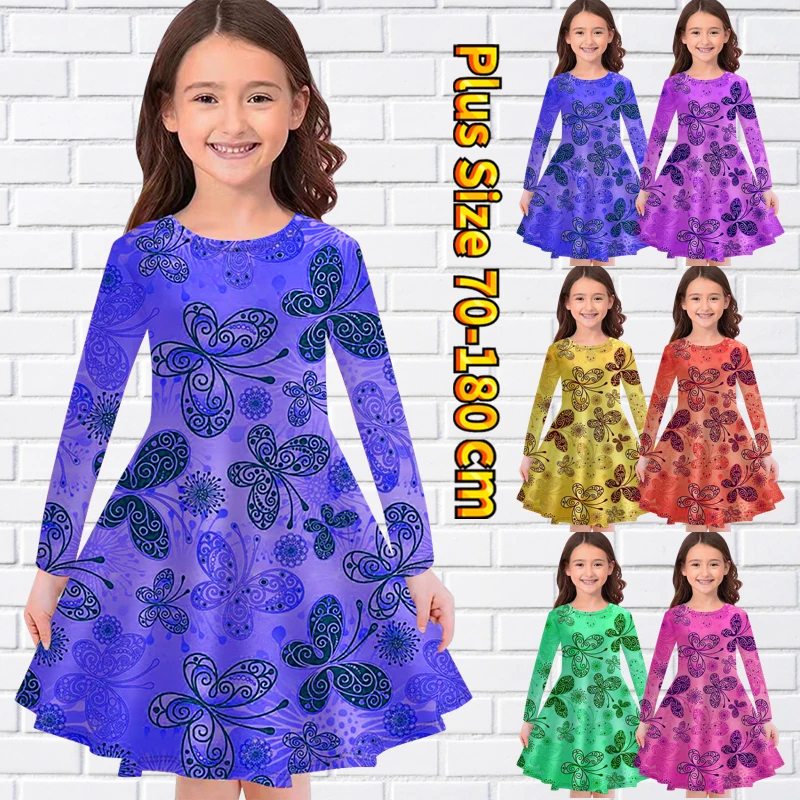 

2022 Autumn Winter Round Neck Simple Wind Long Sleeve Skirt Daily Butterfly Print Knee-length Skirt Loose Size Princess Skirt