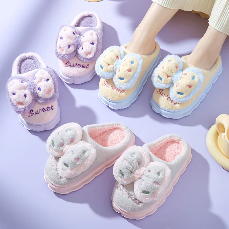 Home Cotton Shoes For Women Bow Autumn Winter Warm Non-slip Indoor Girl Color Contrast Cute Comfortable Fluffy Cotton Slippers