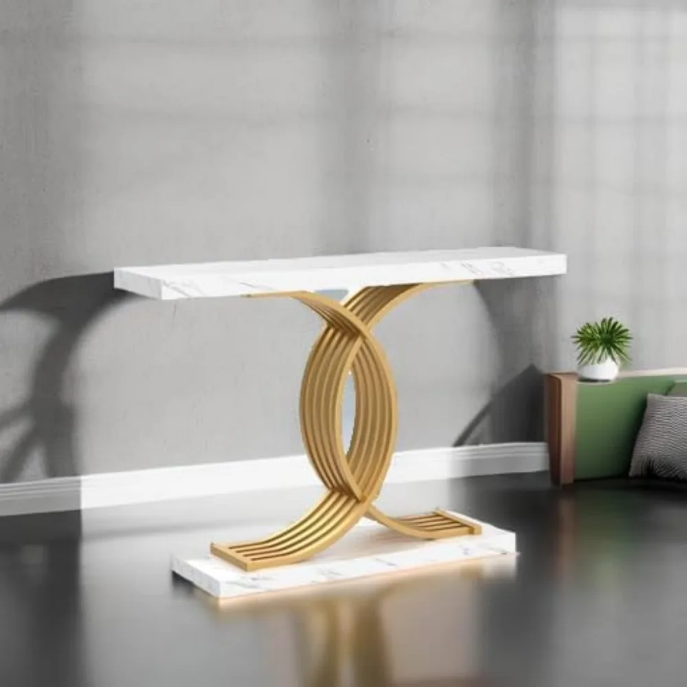 Gold Entryway Table, Modern 39-Inch Console/Accent Table with Geometric Metal Legs, Faux Marble Narrow Wood Sofa Table 6