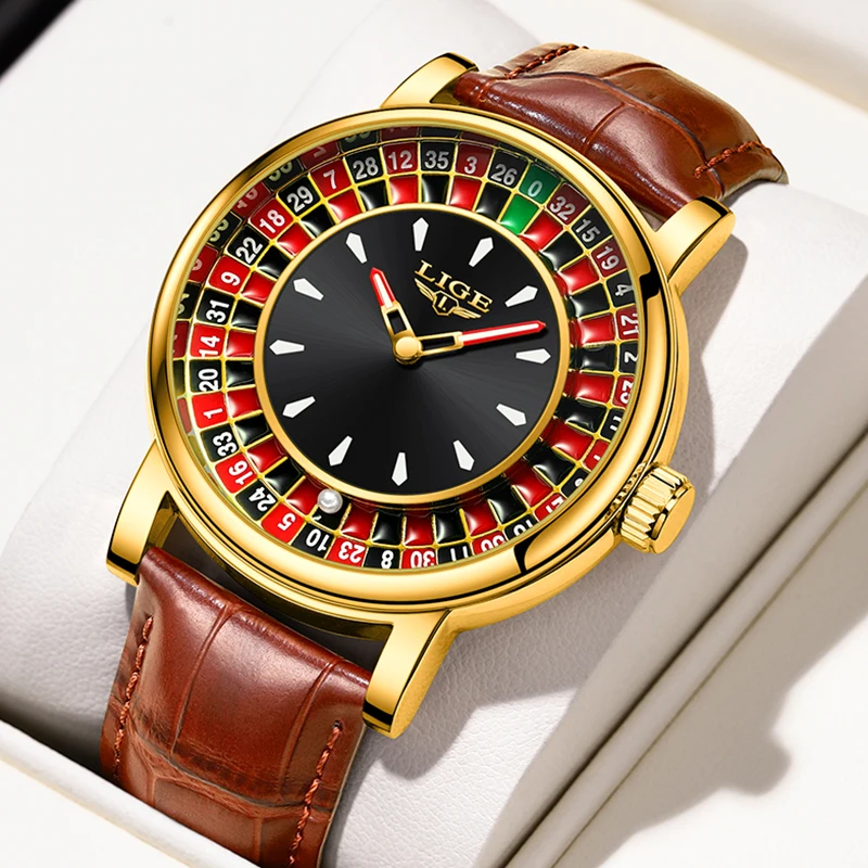 LIGE New Fashion Brown Leather Watch For Men Top Brand Luxury Waterproof Arabic Numeral Rotating Game Dial Quartz Men's Watches