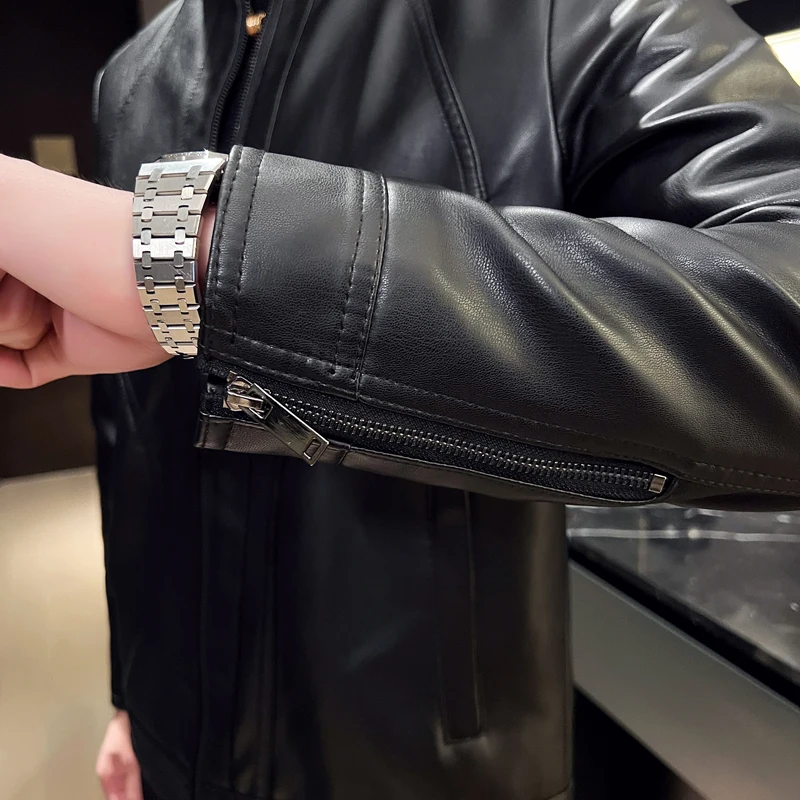Autumn and Winter Men's Leather Jacket Outdoor Bicycle Windproof Stand Collar Zippered Warm Coat Casual Business Men's Clothing
