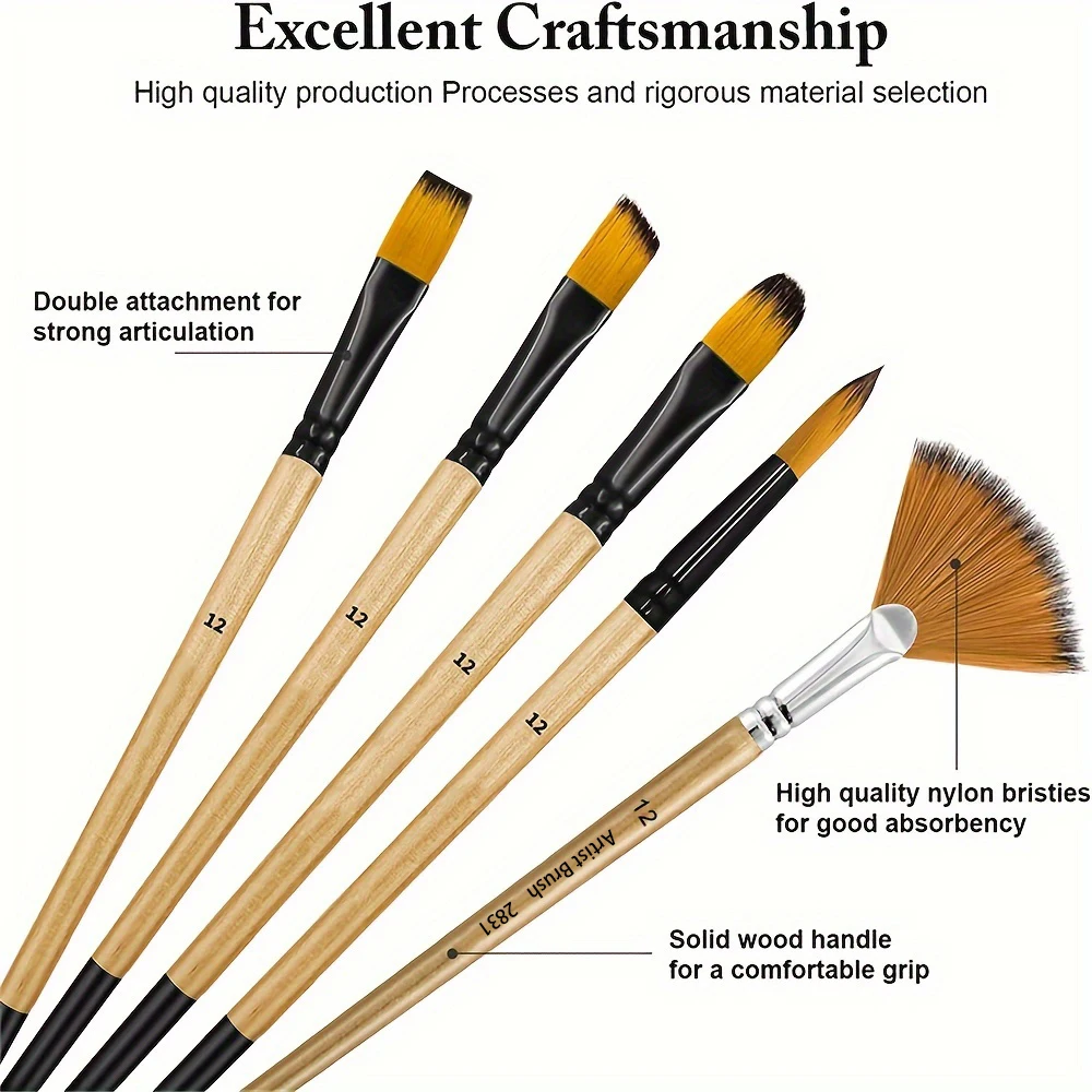 32pcs Paint Brush Set, Artist Series, Nylon Bristles with Round, Filbert, Flat, Fan, Angle, Detail Brush, Suitable for Painting 5