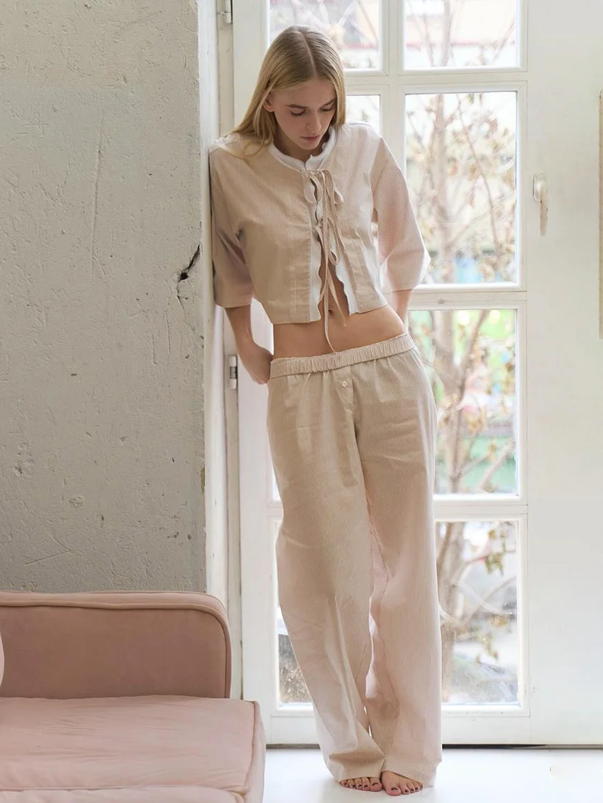 Marthaqiqi Spring Femme Pajamas Suit Long Sleeve Nightwear Crop Top Nightie Lace Up Sleepwear Half Sleeve Pyjamas Pants Homewear