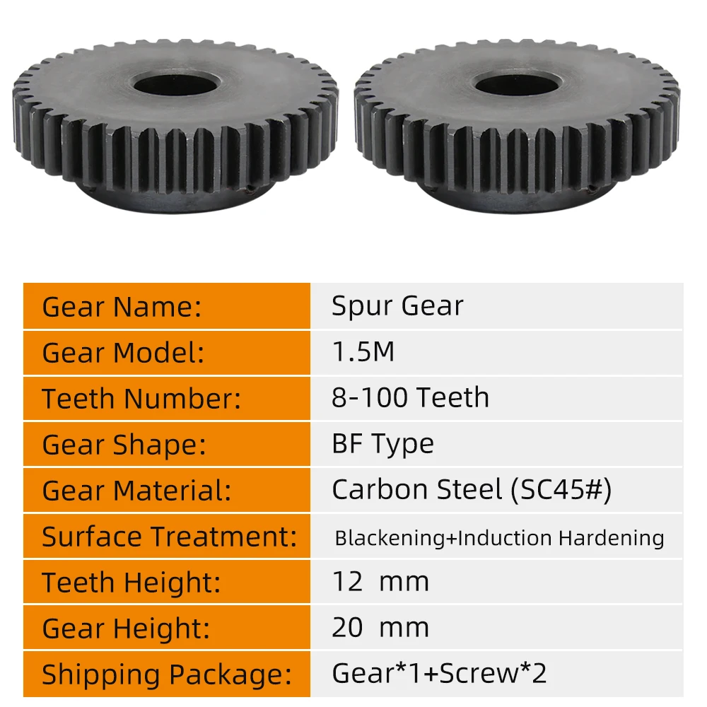 고주파 담금질 기어 휠 톱니 두께 1.5M40T 스퍼 기어, 블랙닝 탄소강 SC45, 40 톱니, 12mm 보어 6-25mm