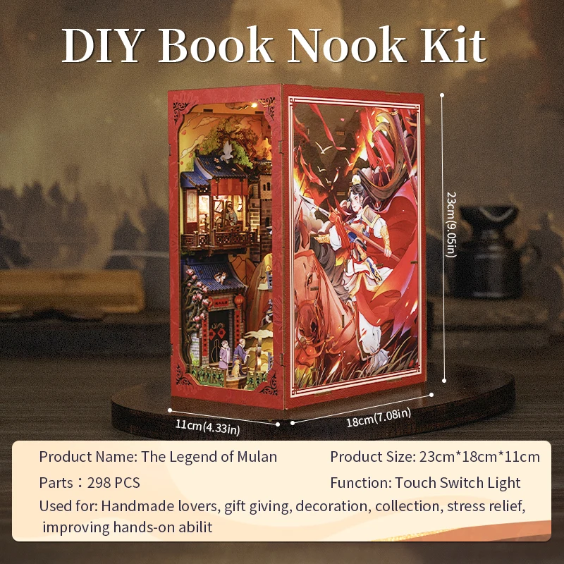 100500754 DIY 3D Puzzle Wooden Dollhouse with Light Dust Cover The Legend of Mulan Chinese Style Bookshelf Insert Decor for Gift 5