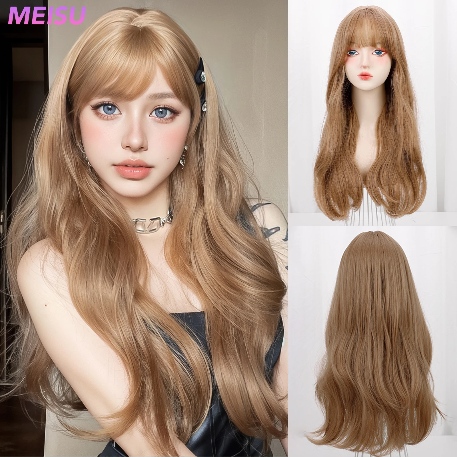 Meisu Brown Curly Wave Parrucche Air Bangs Fibra Da 24 Pollici Capelli Sintetici Resistenti Al Calore Onda Profonda Dolce E Naturale Party O Selfie