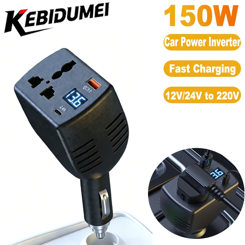 Dual Voltage Car Power Inverter with AC Outlet and USB Fast Charging Port