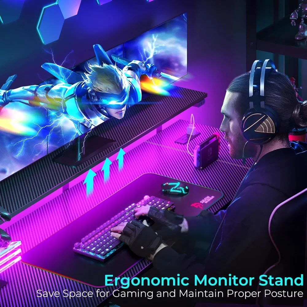 Gaming Desk with LED Lights & Power Outlets,55" Computer Desk with Monitor Stand & Storage Shelf,Gaming Table with Earphone Hook 5