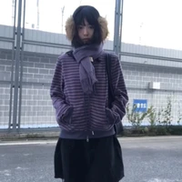 Karrram Japanese Y2k Purple Striped Cardigan 2000s Style Turtleneck Knitted Jacket Vintage Harajuku Zipper Knitwear Korean 90s - Image 5
