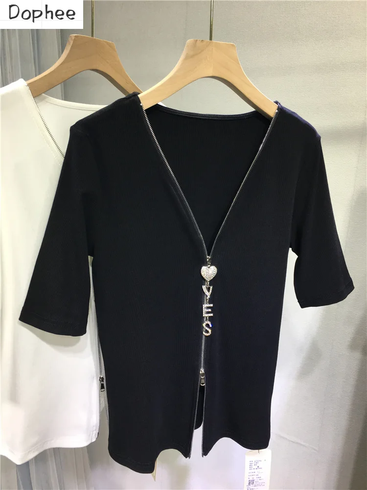 

High Quality Women Cotton Tshirts 2023 New Spring Summer Half Sleeve V-neck Zip Cardigan Top All-match Solid Color