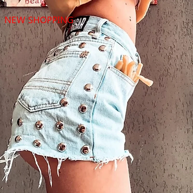 

Fashion 2021 Women's Washed Denim Rivets Shorts Classic Vintage High Waist Female Casual Summer Ladies Shorts Jeans for Women