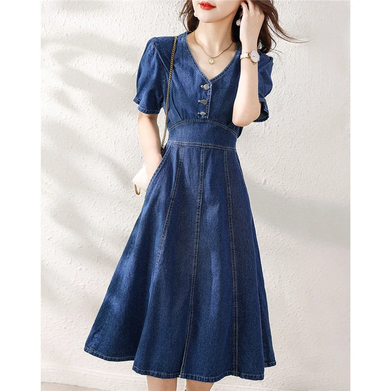 

Summer New Thin Denim Dress Simple Commuting Fashion Temperament V-Neck Slim-Fit Mid-Length Short Sleeve Stitching Buttons