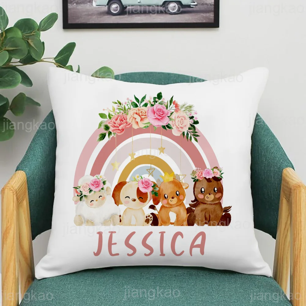 Custom Rainbow Animal Pillowcase with Name - Kids Bedroom Decor & Birthday Gift