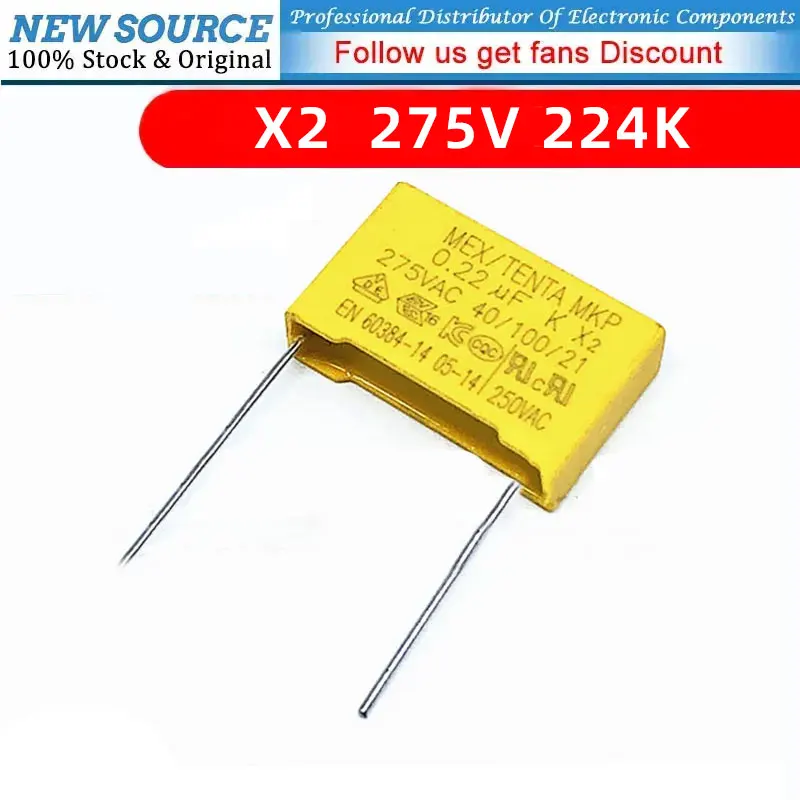 

Конденсатор безопасности X2 из полипропилена, 275 В, 224 к, 20 шт./партия, пластиковая пленка безопасности 0,22 мкФ MKP P = 7,5/10/15/22 мм, лучшее качество