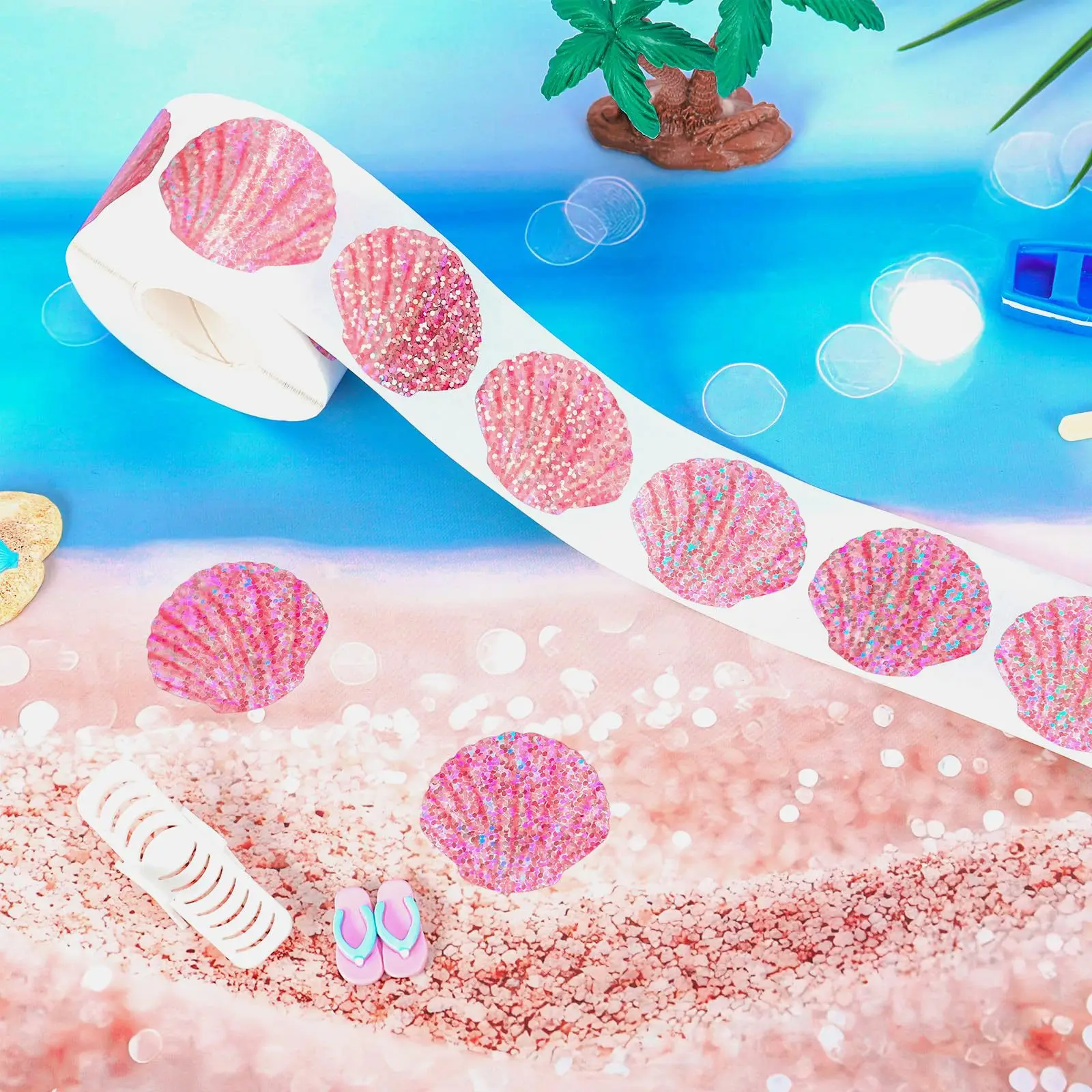 500 Pcs 여름 조개 스티커 롤 홀로그램 씰 스티커 반짝이 핑크 바다 조개 반짝 이는 자체 접착 데칼 생일용