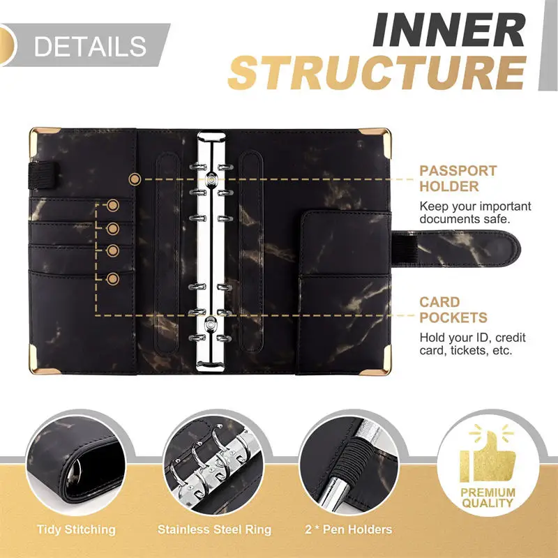 Premium PU Leather Budget Binder with Zippered Cash Pockets and A6 Planner Organizer