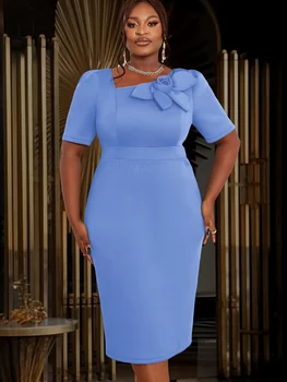 Abiti longuette da donna eleganti Collo irregolare Manica corta Fiore 3D Impero Pacchetto Hip Office Lady Abito da chiesa casual per donna