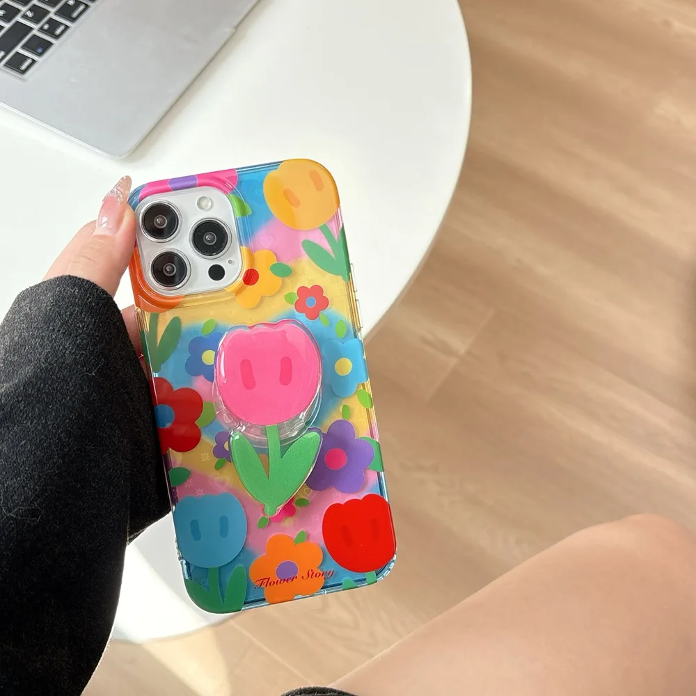 Korean Cute Laser Love Heart Flower Holder Stand Case - Shockproof Hard Cover
