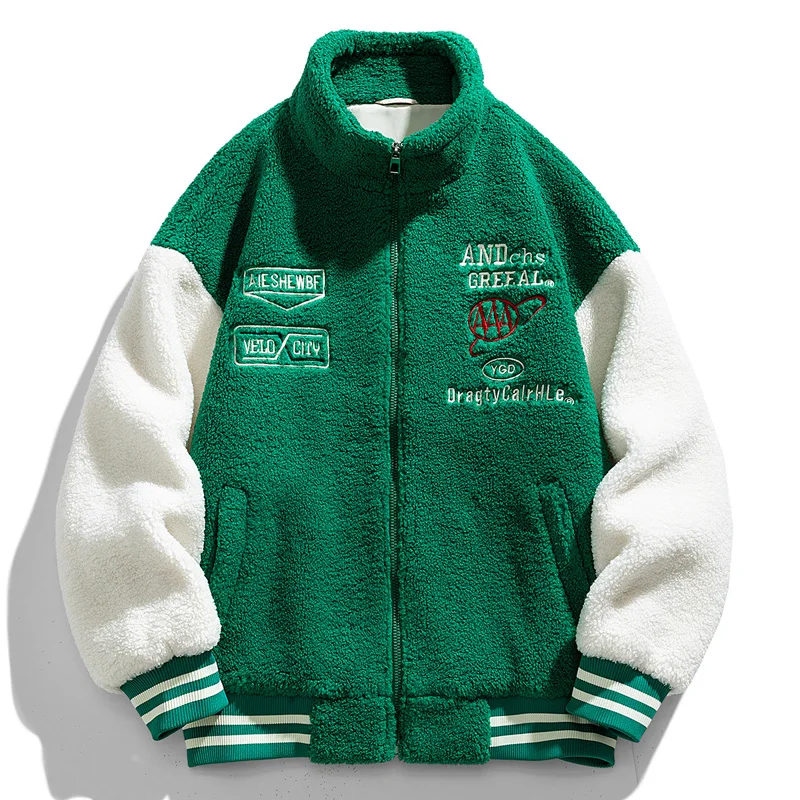 Bomber Fleece Jacket Men Zippered Jacket Winter Thicked Embroider Granular Cashmere Parkas Warm Cotton-Padded Jacket Fashion
